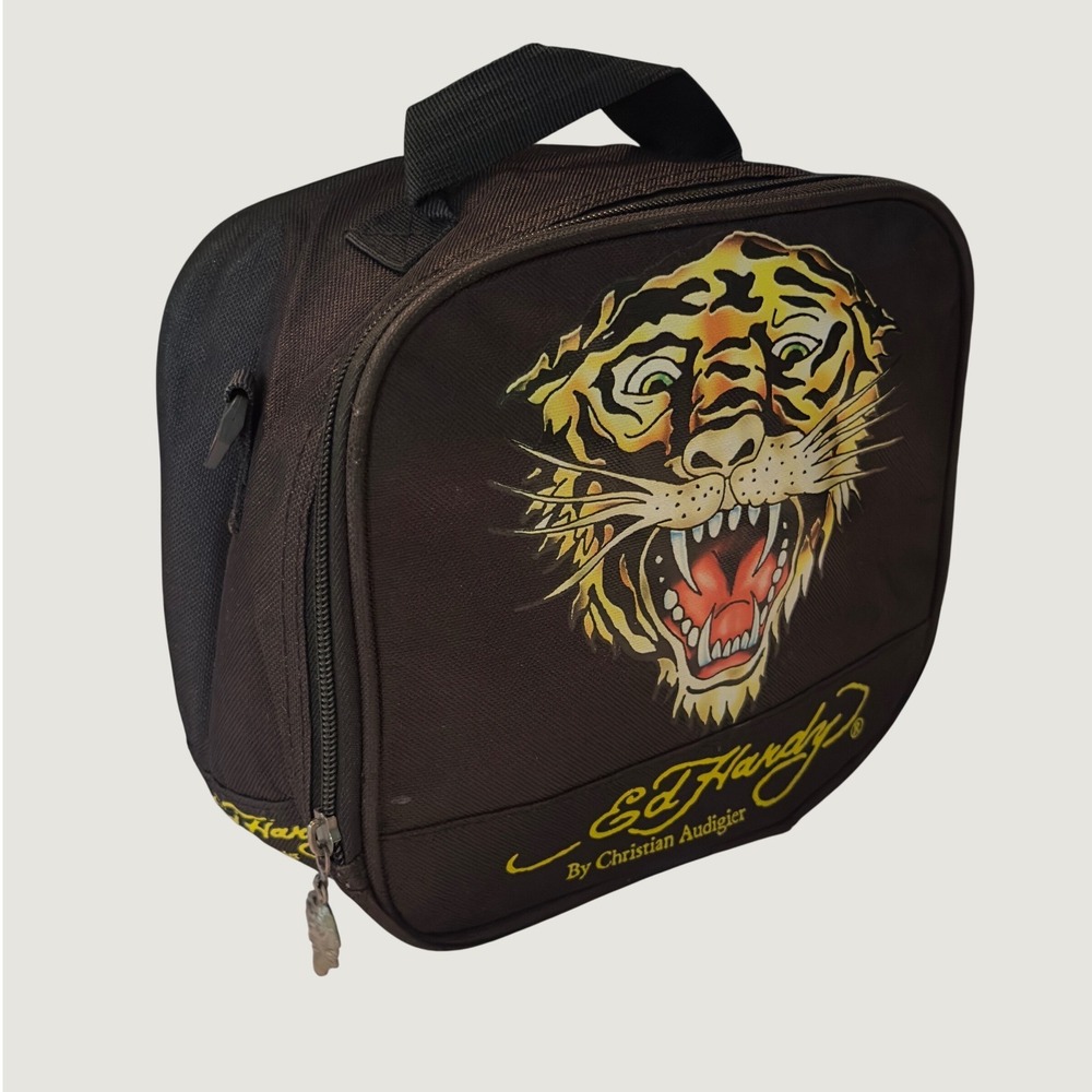 Ed Hardy Christian Audigier Tiger Graphic Insulated Lunch Bag Black Y2K Tattoo